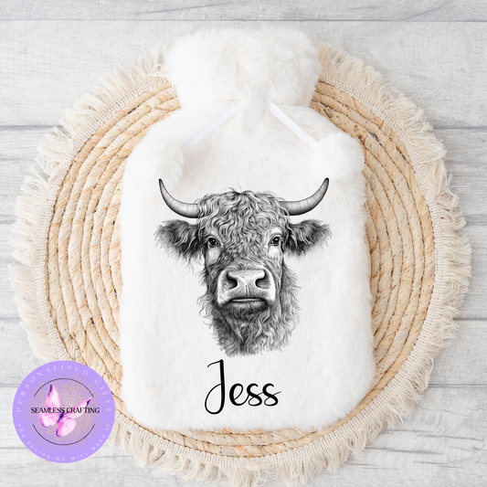 Personalised Sketch Animals faux-fur hot water bottle with name, hand-drawn animal design, 2L bottle included, cosy gift handmade in the UK