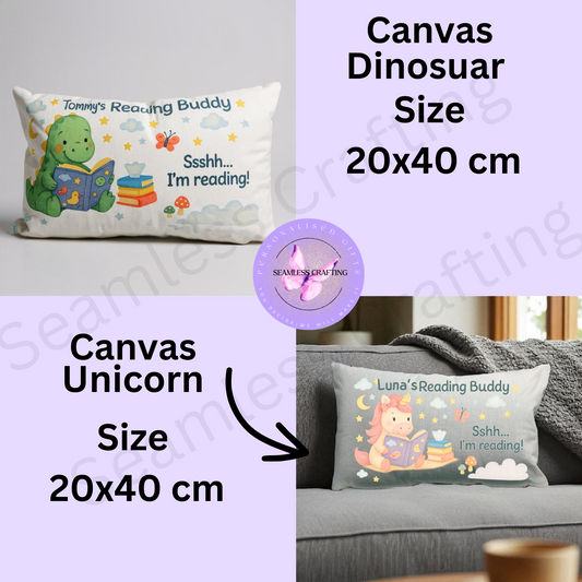 Personalized Reading Buddy Cushion | Custom Kids Pillow with Name | Dinosaur & Unicorn Design | 20x40 cm Canvas Storytime Gift