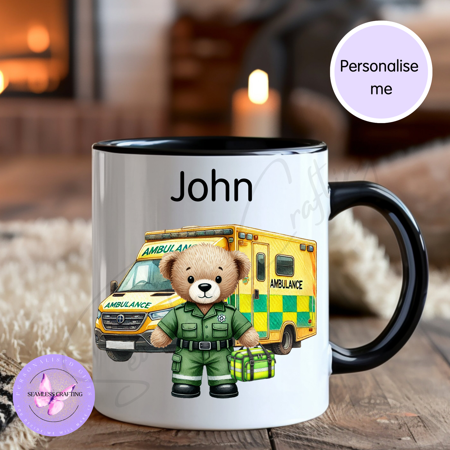 Personalised Paramedic Bear Mug or Travel Mug – Custom Name Ambulance Gift