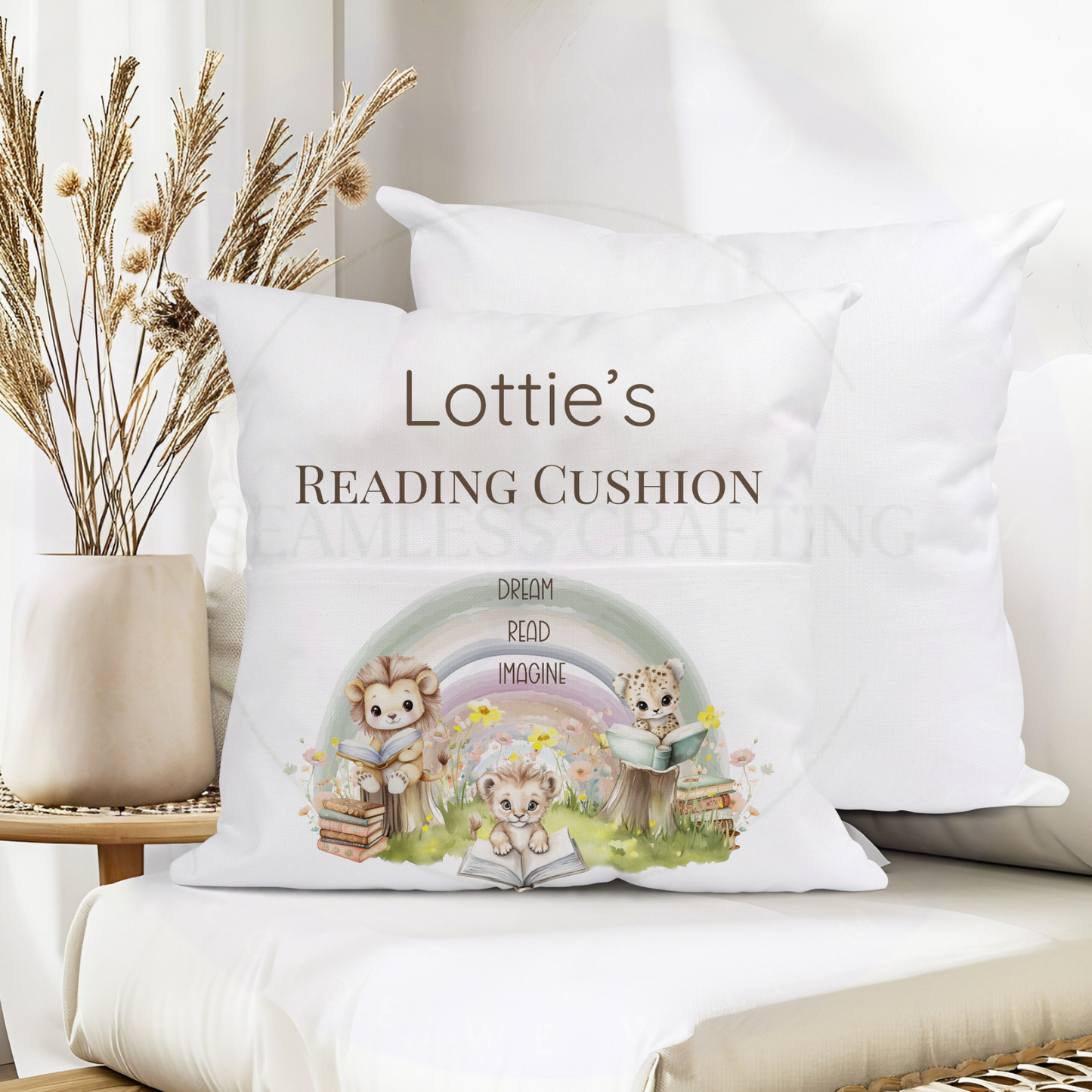 Personalised Kids Reading Cushion with Pocket | Custom Name Storytime Pillow | Lion & Animal Design Book Cushion Gift