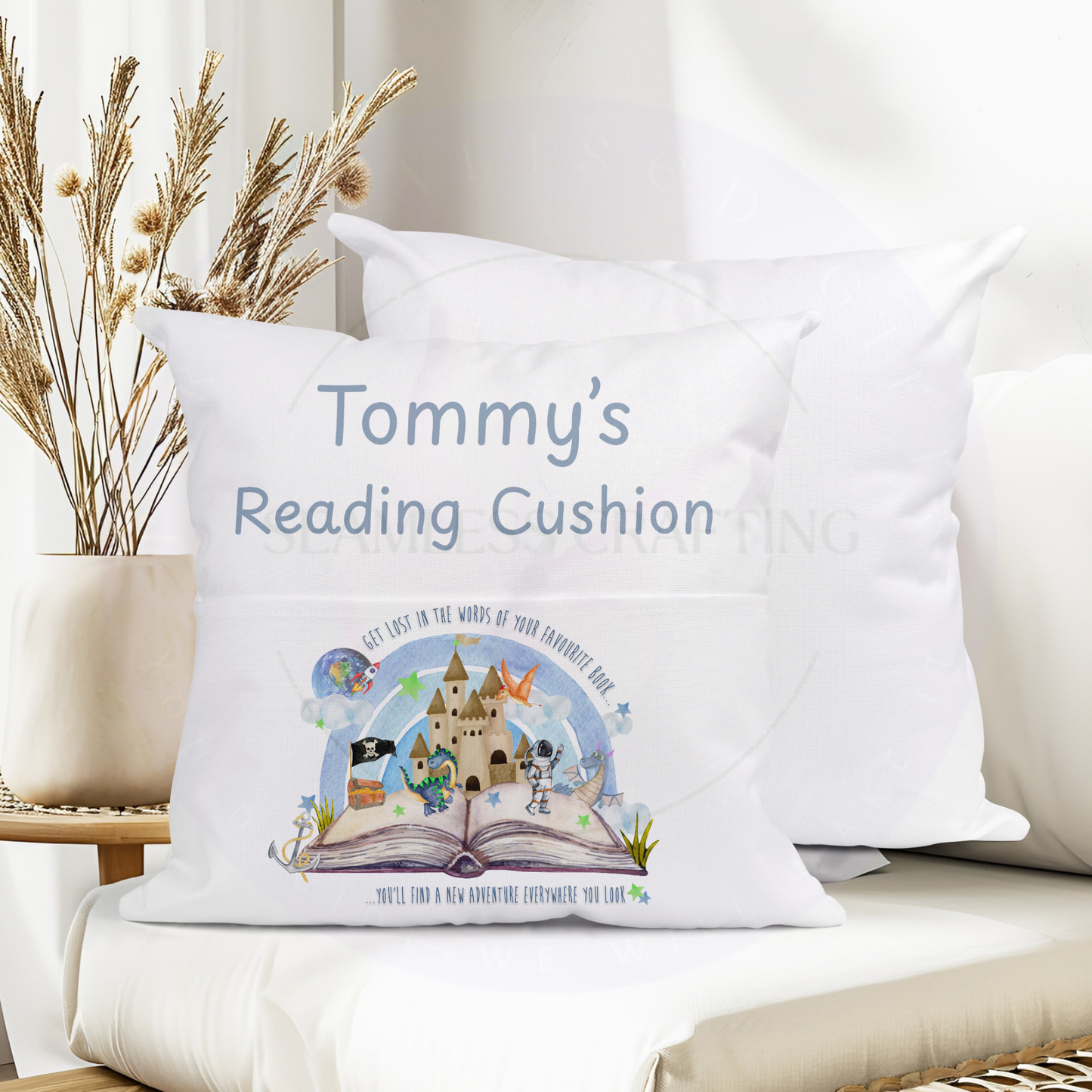 Reading cushion back view with pocket hidden zip soft fabric personalised kids pillow 40x40cm