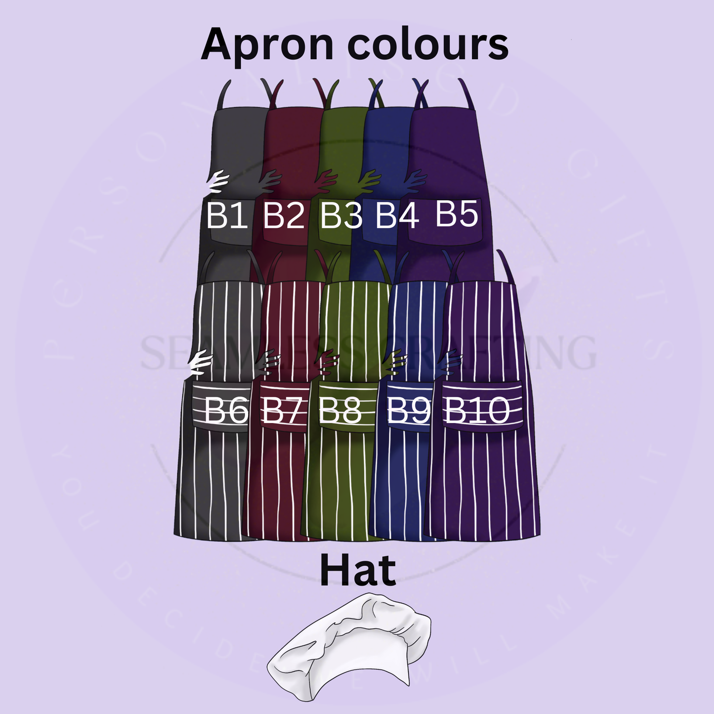 Personalised chef character apron choices with ten apron colours and chef hat