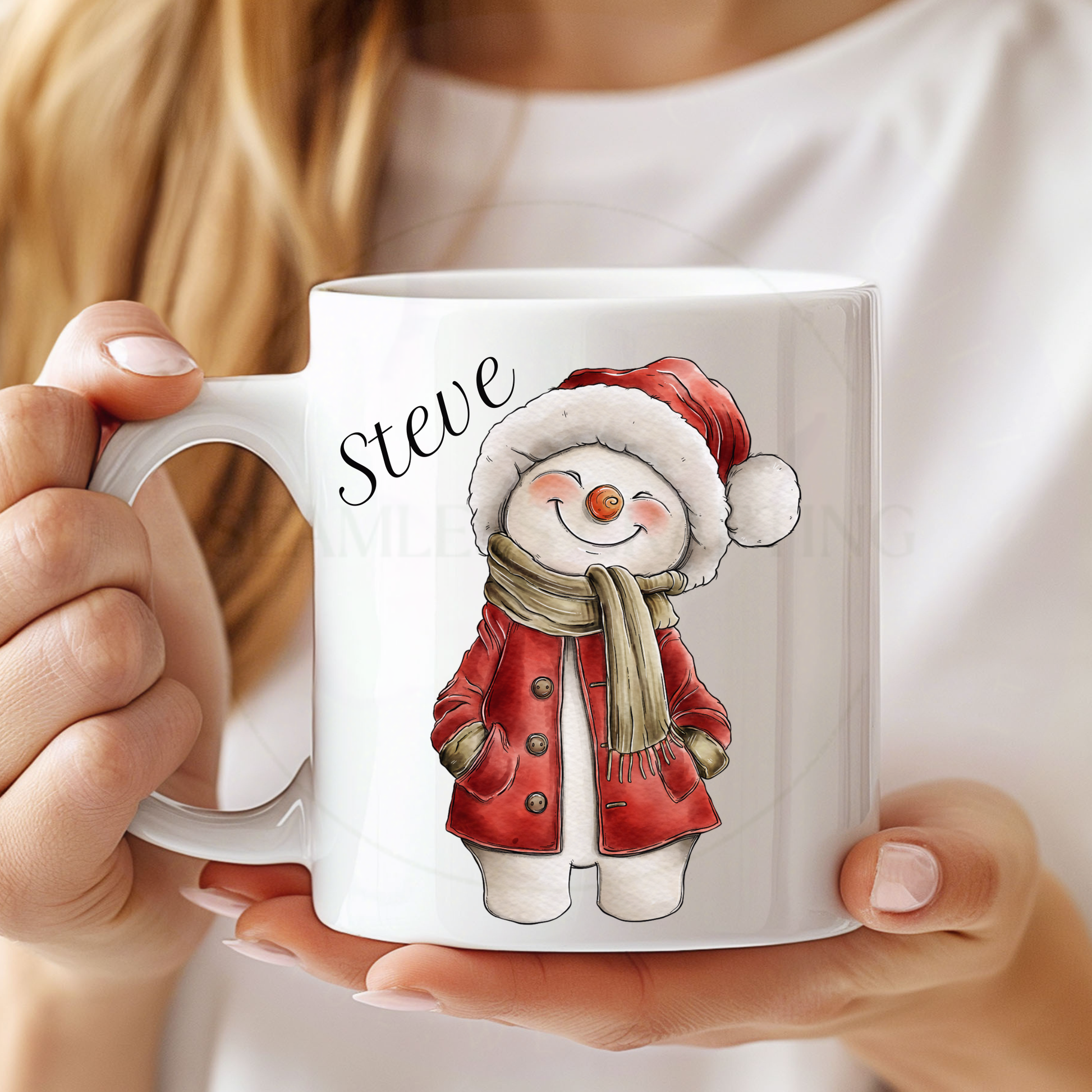 White personalised Christmas mug with the name Steve and a red watercolour snowman