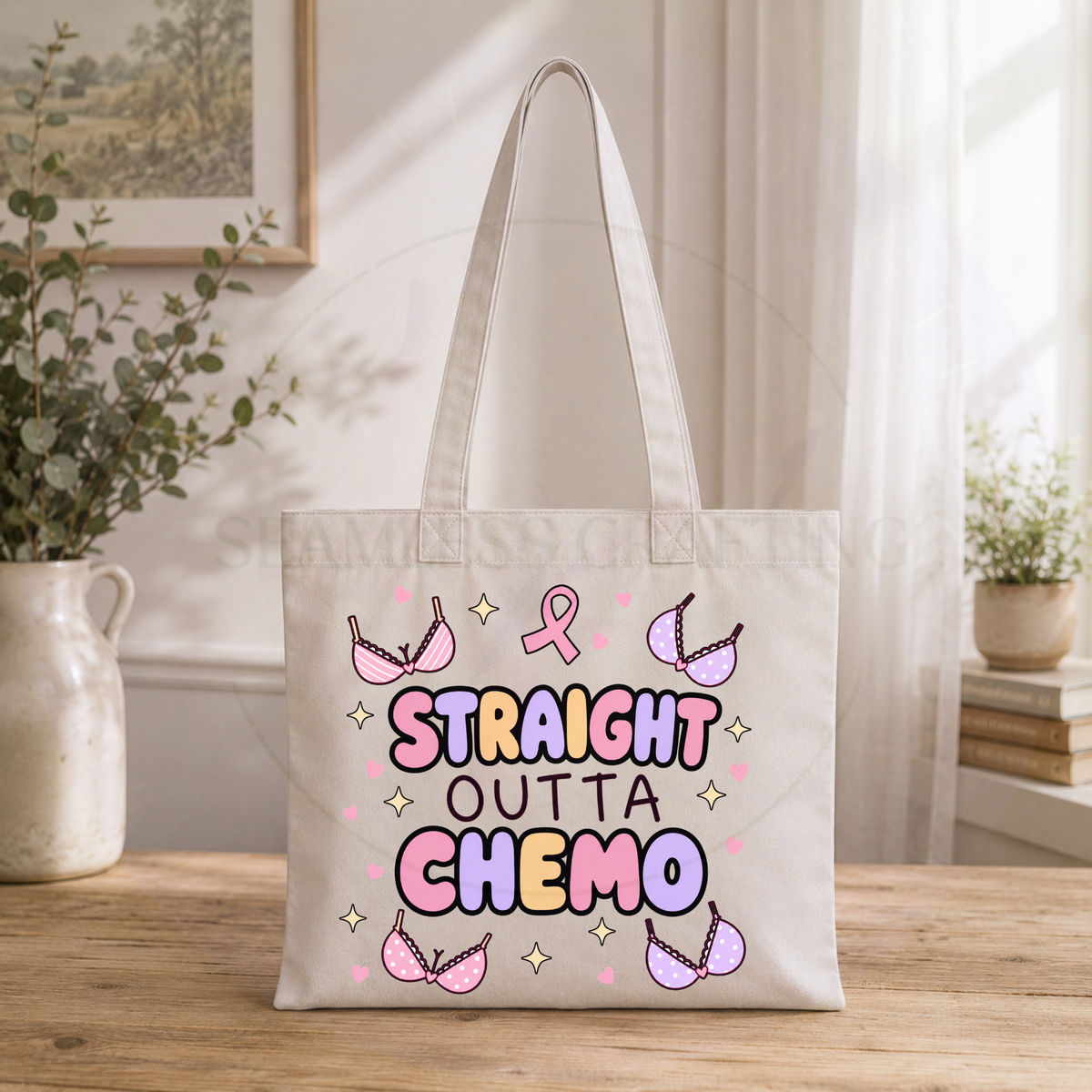 Straight Outta Chemo tote bag displayed upright on a wooden table
