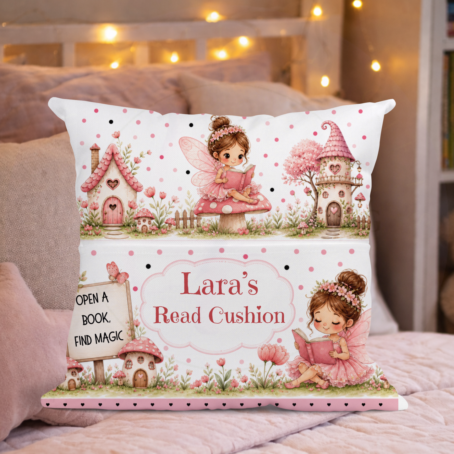 Personalised fairy reading cushion displayed on bed with pink fairy village design
