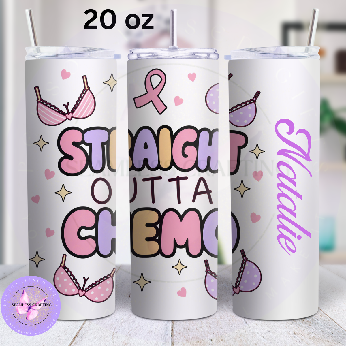 Personalised 20 oz Straight Outta Chemo stainless steel tumbler with lid and straw