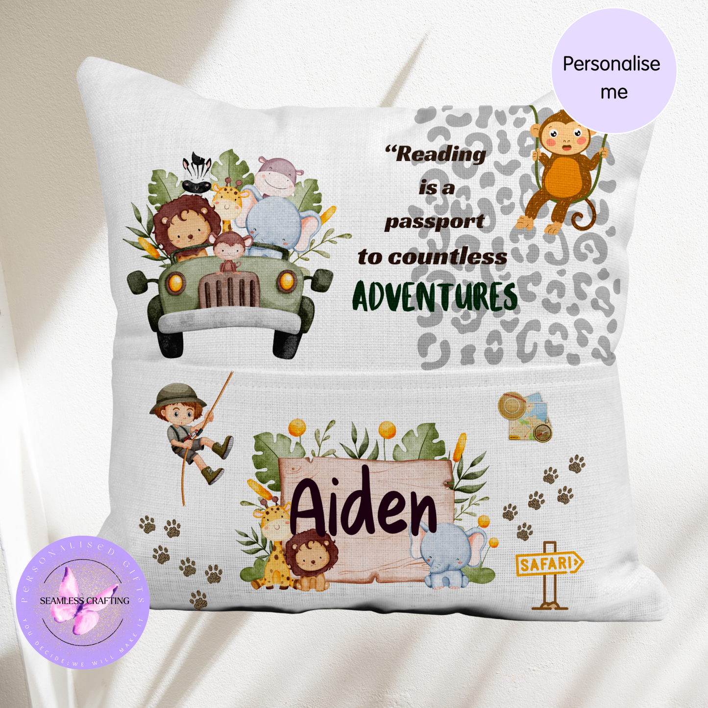 Personalised Kids Safari Reading Cushion with Pocket – Animal Book Cushion, Child’s Reading Pillow, Jungle Book Lover Gift