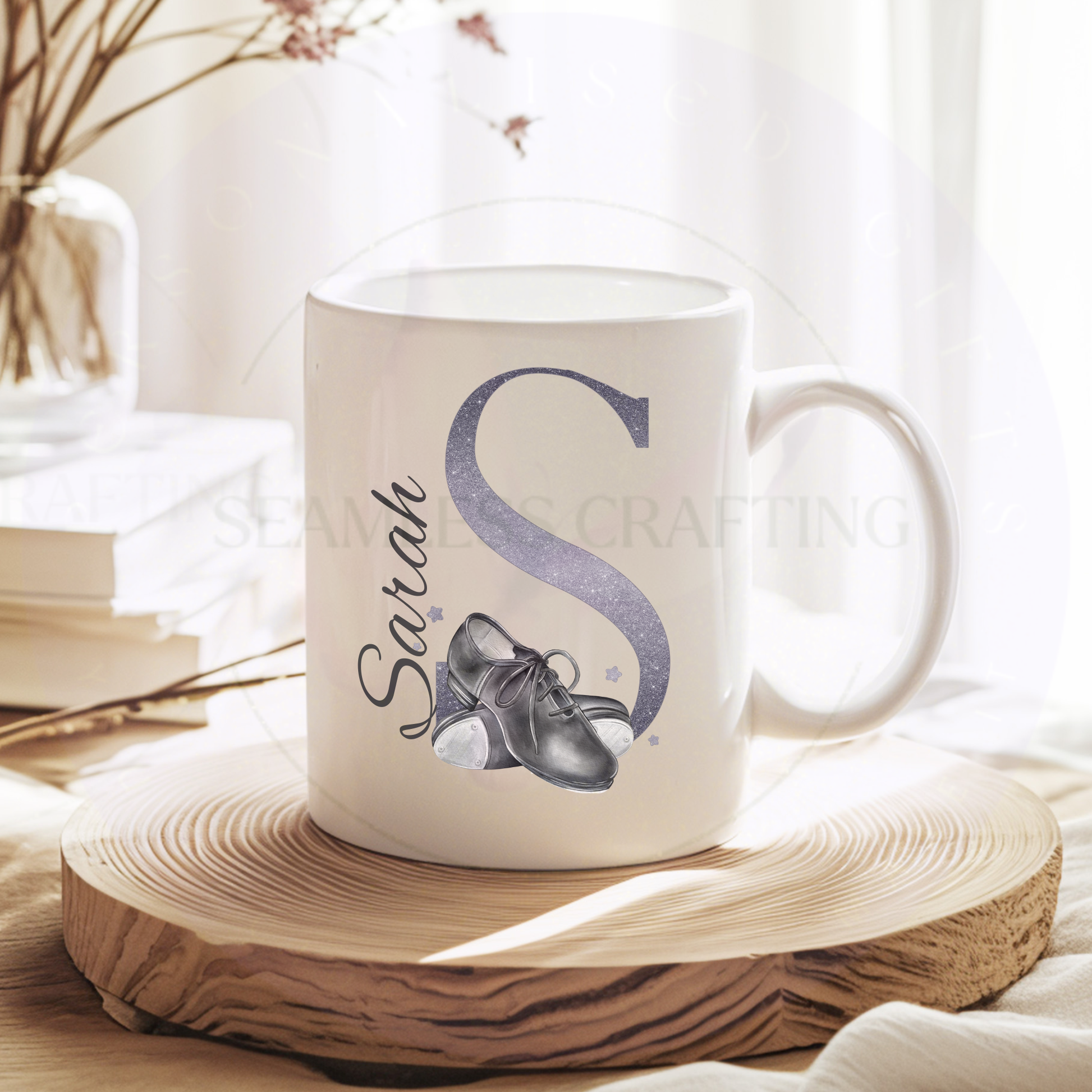 Custom dance mug with name Cameron and initial A tap shoes illustration