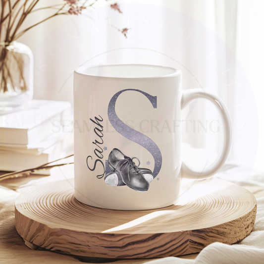 Custom dance mug with name Cameron and initial A tap shoes illustration
