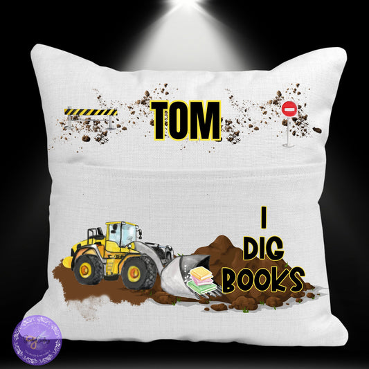 Personalised Digger Truck Pocket Reading Book Cushion, I Dig Books cushion gifts, Construction Tractor Bedroom Decor, Unique Cushion Gift