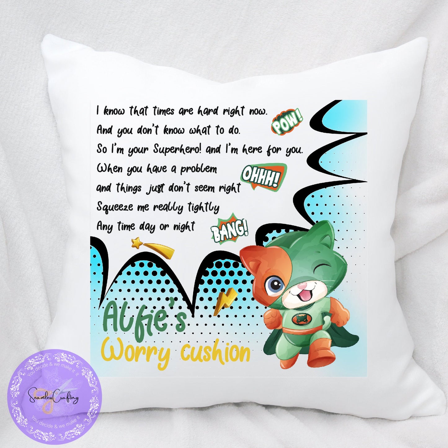 Personalised kids Superhero Cushion, Worry Comforter Soft pillow, Gift bedroom boys and girls, I know times are hard, Bad Dreams Comforter