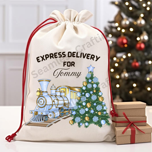 Personalised Santa Sack, Express Delivery bag, Add any name, Thick linen canvas, Drawstring Toys bag, Christmas Eve bag, Gifts for children