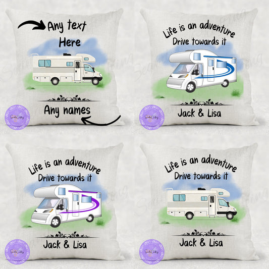 Personalised Motorhome Linen Cushion, add any text name, Campervan owners gifts, camping Pillow, Outdoor lovers present, First RV gift