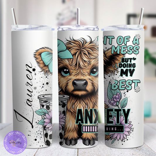 Personalised Funny Highland Cow Bottle - 20 oz Tumbler | Positive Affirmation Gift, Cute Highland Coo Design, Stainless steel, Add any name