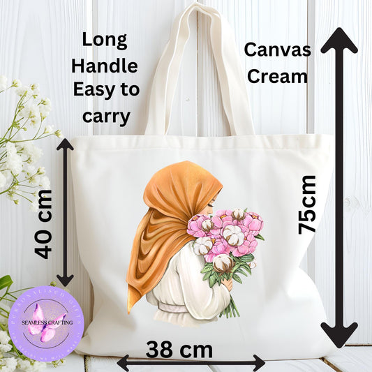 Personalised Eid Gift, Muslim Woman hijab tote, Name in Arabic, Hijabi shopping tote bag Gift For Her, Islamic Name tote, flower hijab woman