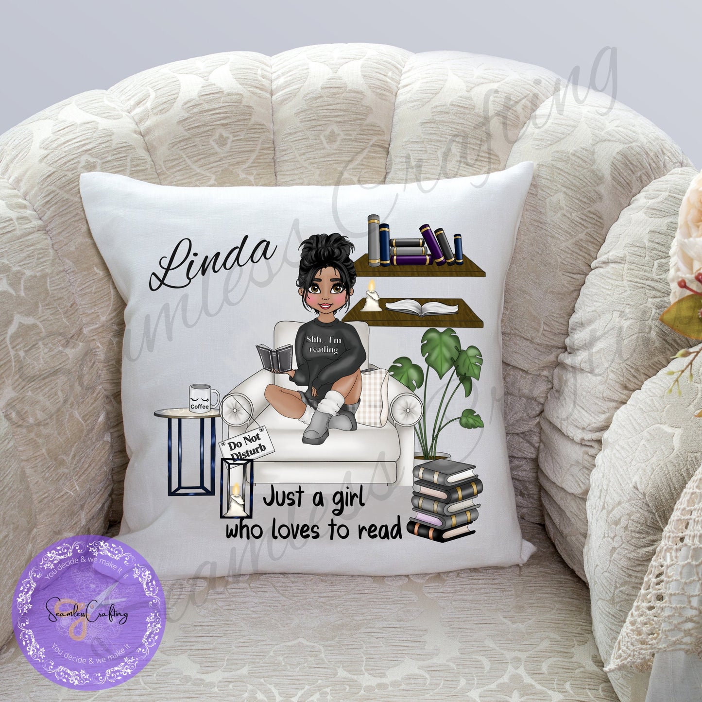Personalised  Reading Book Cushion, Just a girl who loves books, loving reading pillow, Bedroom Decor, Unique Cushion, Design Your Character