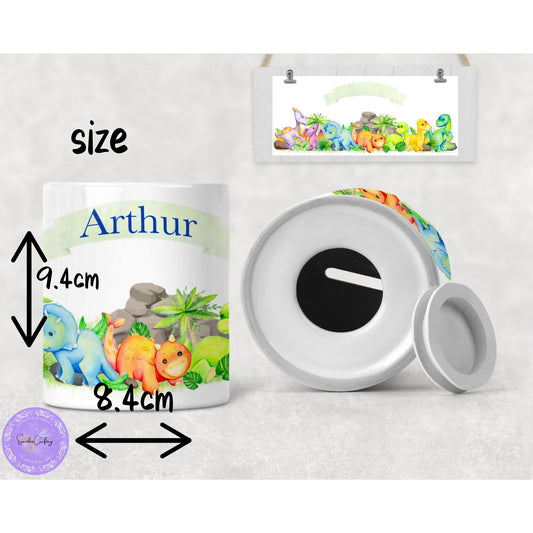 Personalised Dinosaur Money box for boys, Piggy Bank for kids with name, Money Tin, Saving Jar coins, Nursing Decor, Custom Coin Bank