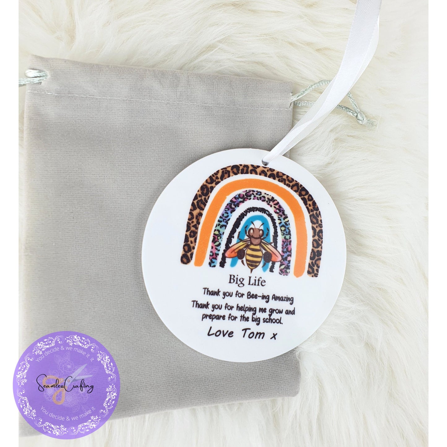 Peronalised Bee Rainbow Nursery teacher, practitioner hanging keepsake plaque, Thank you keepsake gift, childminders ornament gift