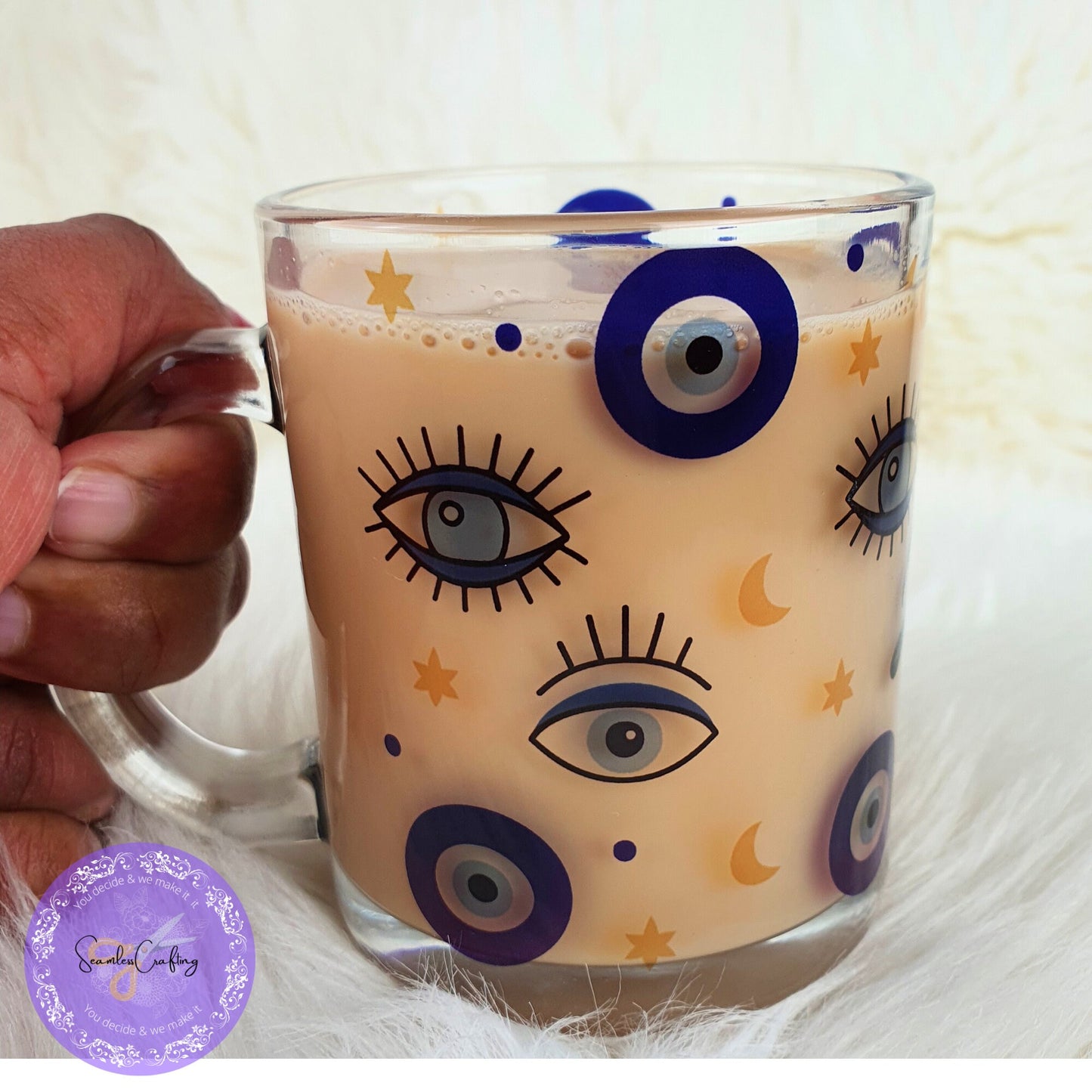 Personalised All-Seeing Eye Cup. Turkish Eye Protection, Spiritual Glass Cup Gift,  Clear Glass mug Evil Eye Style, Nazar, Hot drinks