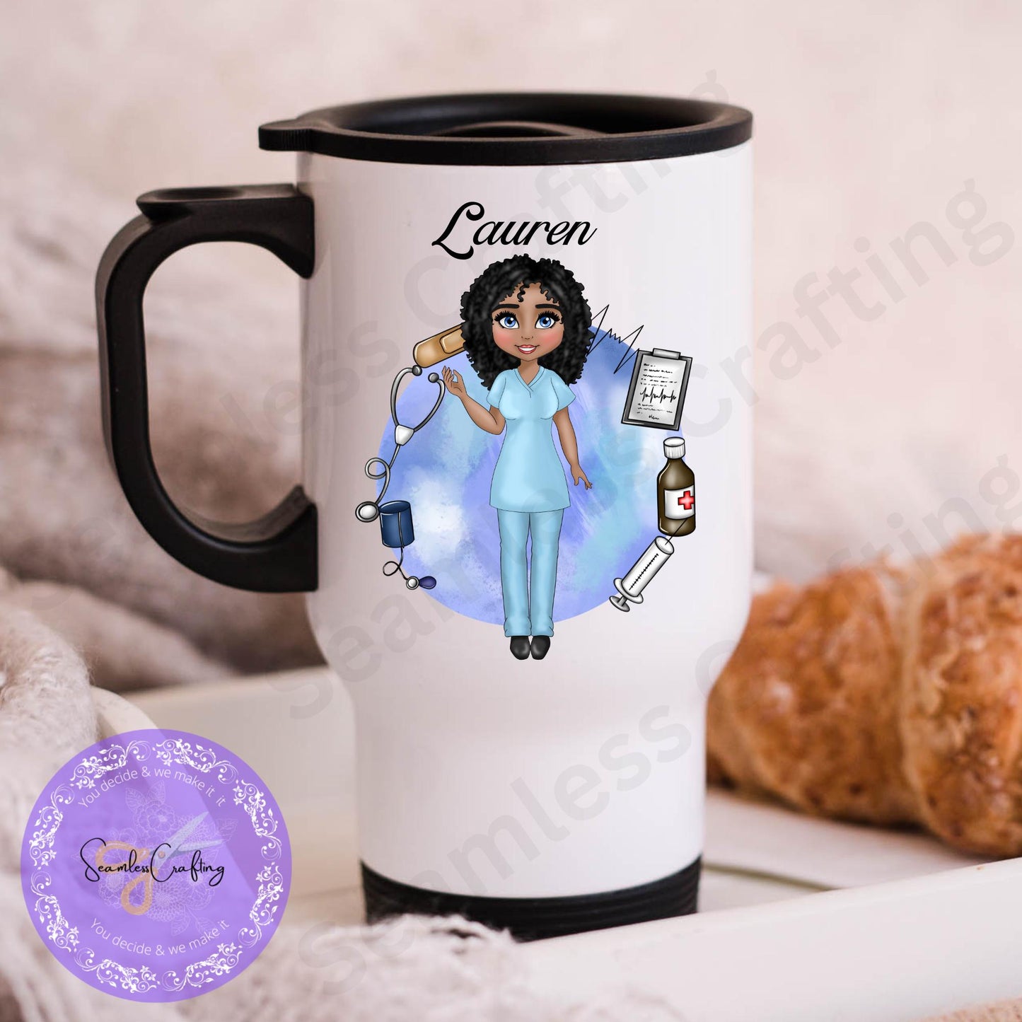 Personalised Female Nurse cup, Careworker custom mug, NHS Staff gifts, Healthcare Worker,Gift for her Build your caricature women Travel Mug