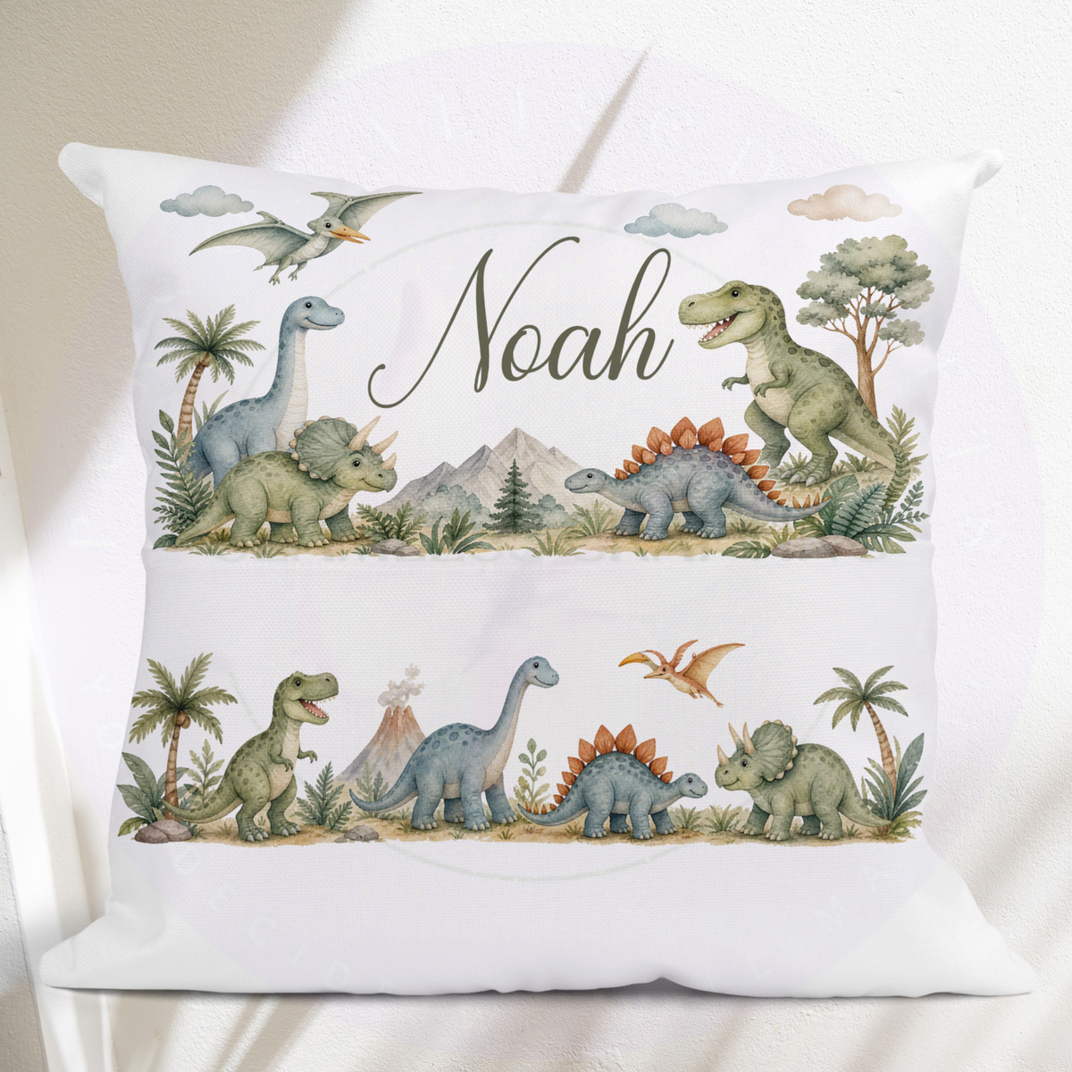 Kids dinosaur reading cushion with personalised name and book pocket