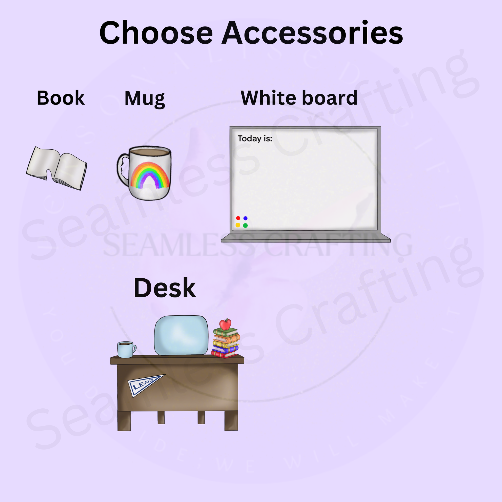 Personalised teacher notebook accessories options including book mug whiteboard and desk