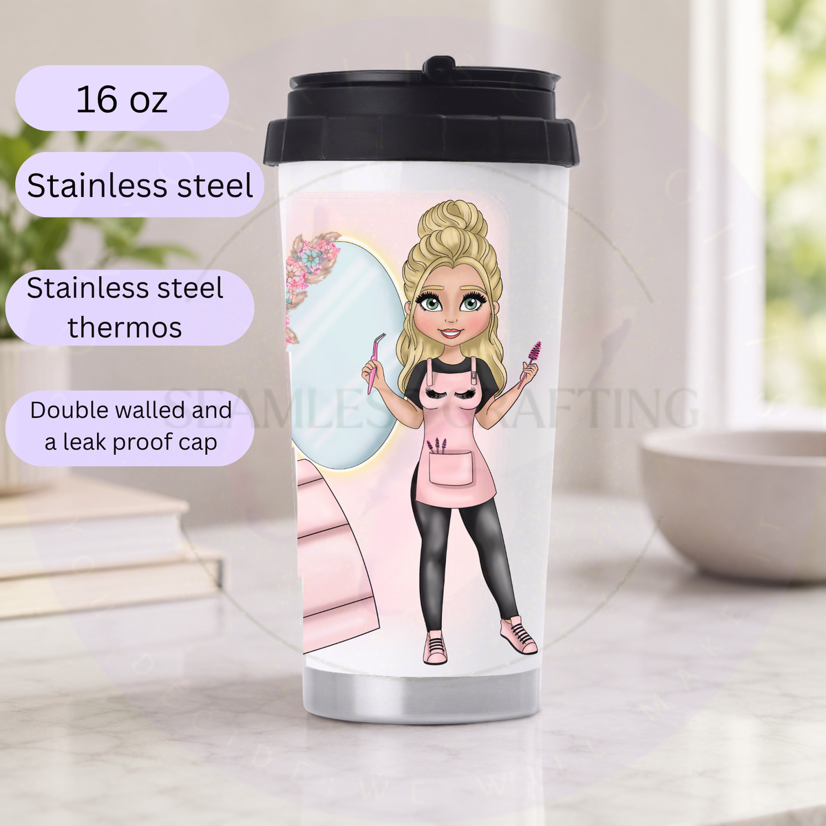 Personalised 16oz stainless steel lash technician thermos with custom character