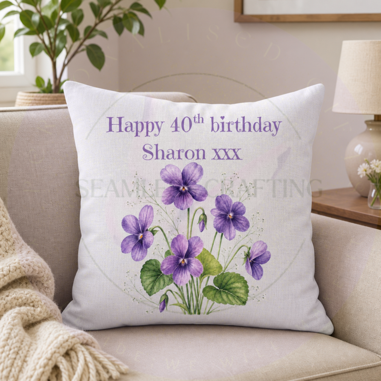 Personalised February violet birth flower cushion with purple floral design