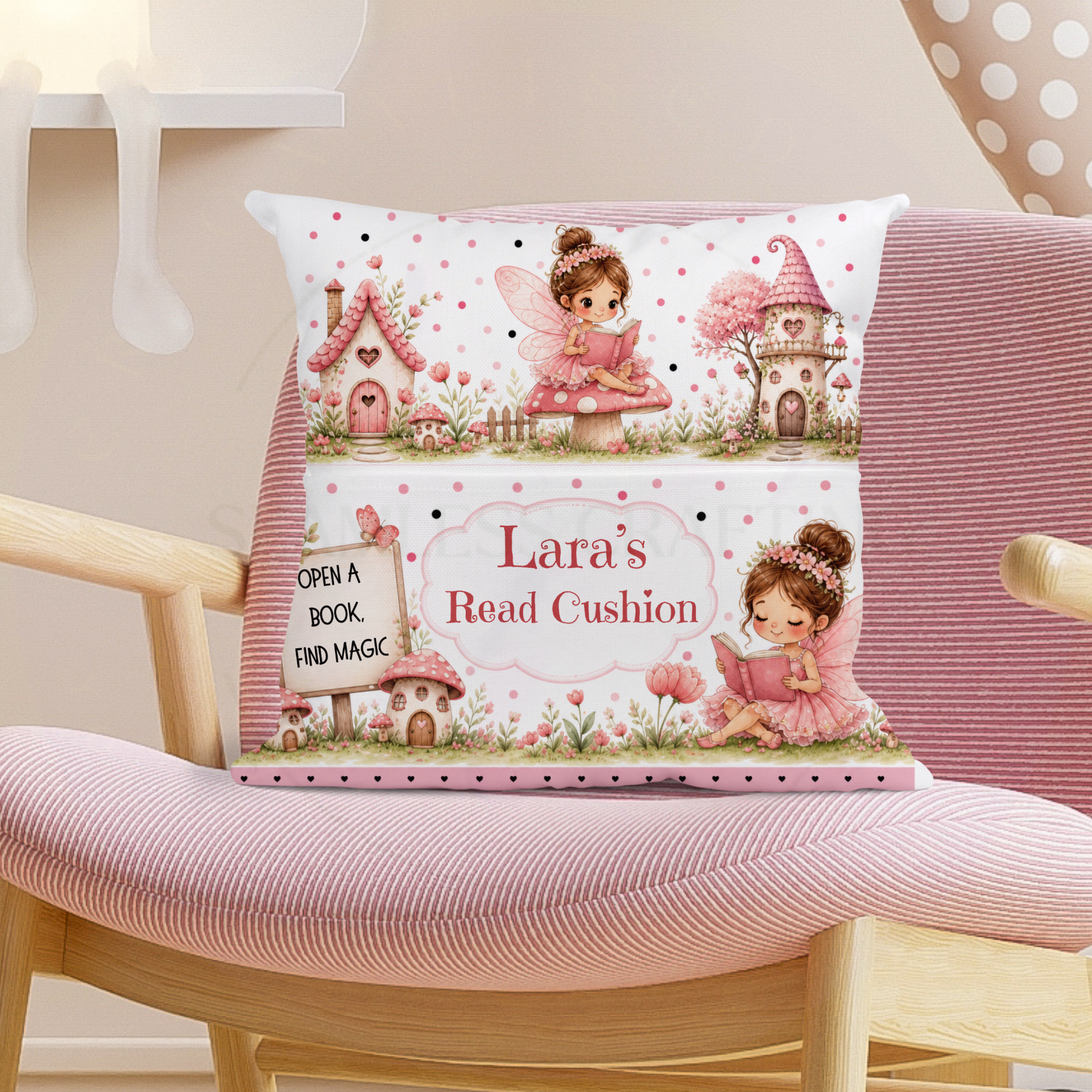 Pink fairy book pocket cushion displayed on striped bedroom chair