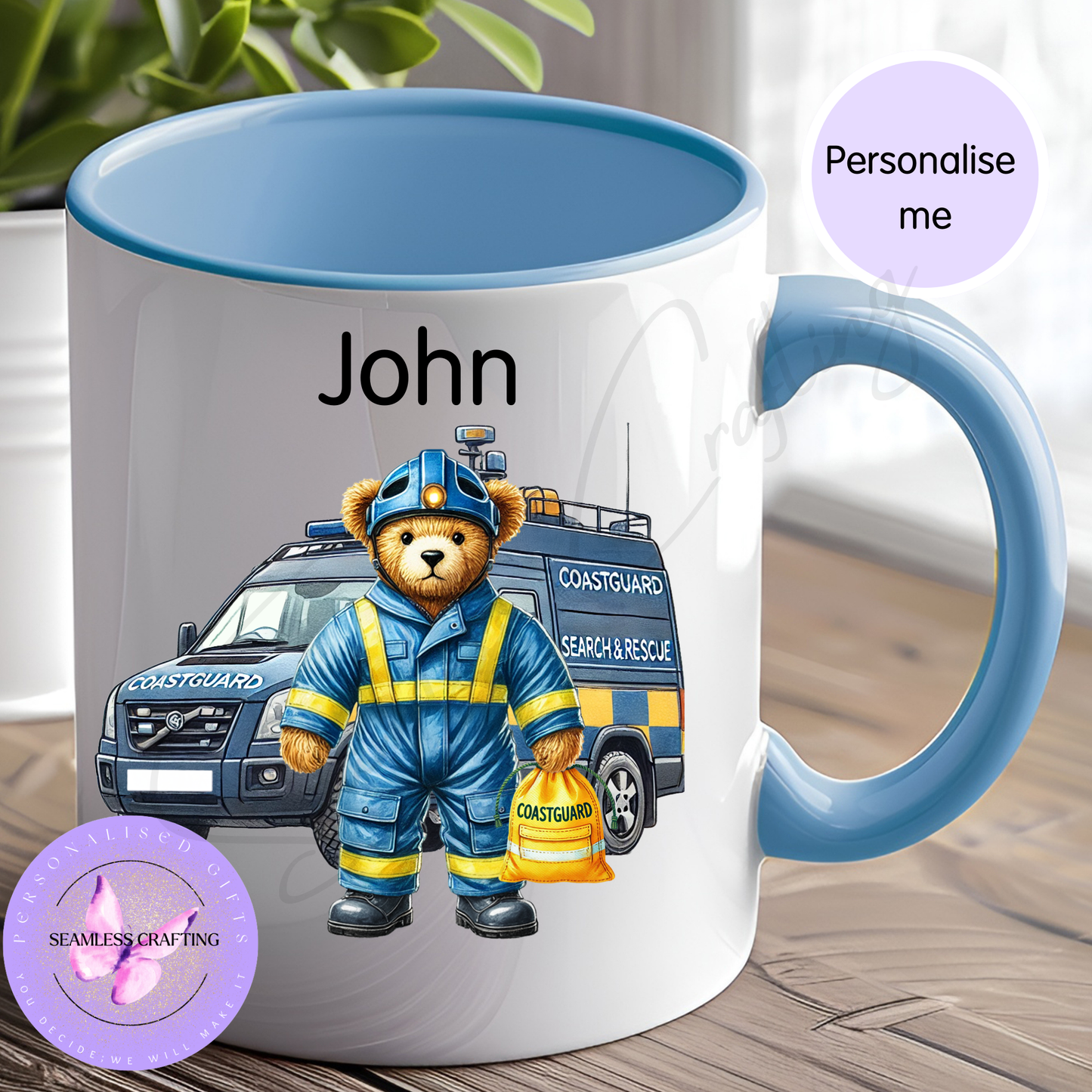 Personalised Coastguard Bear Mug or Travel Mug – Custom Name Search and Rescue Gift