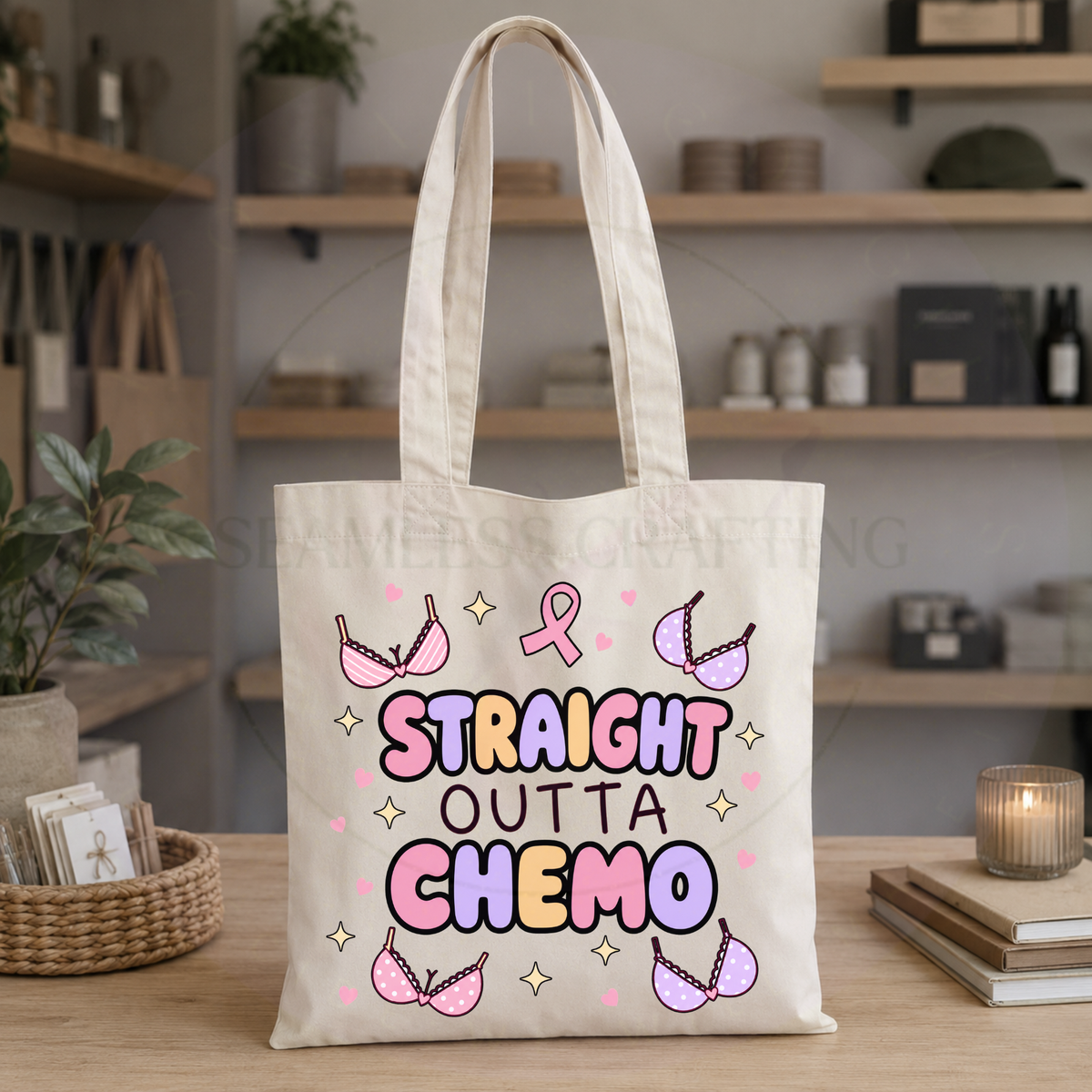 Straight Outta Chemo long-handle tote bag displayed in a neutral kitchen