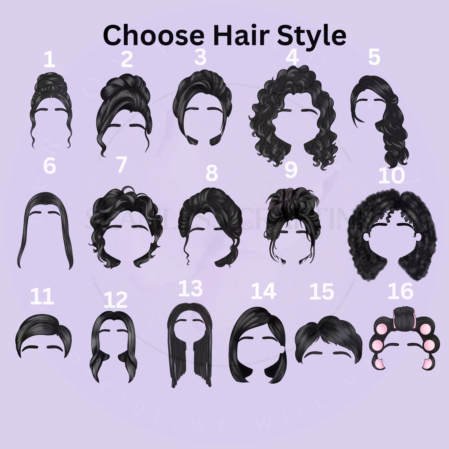 Sixteen hairstyle choices available for the personalised makeup girl cushion