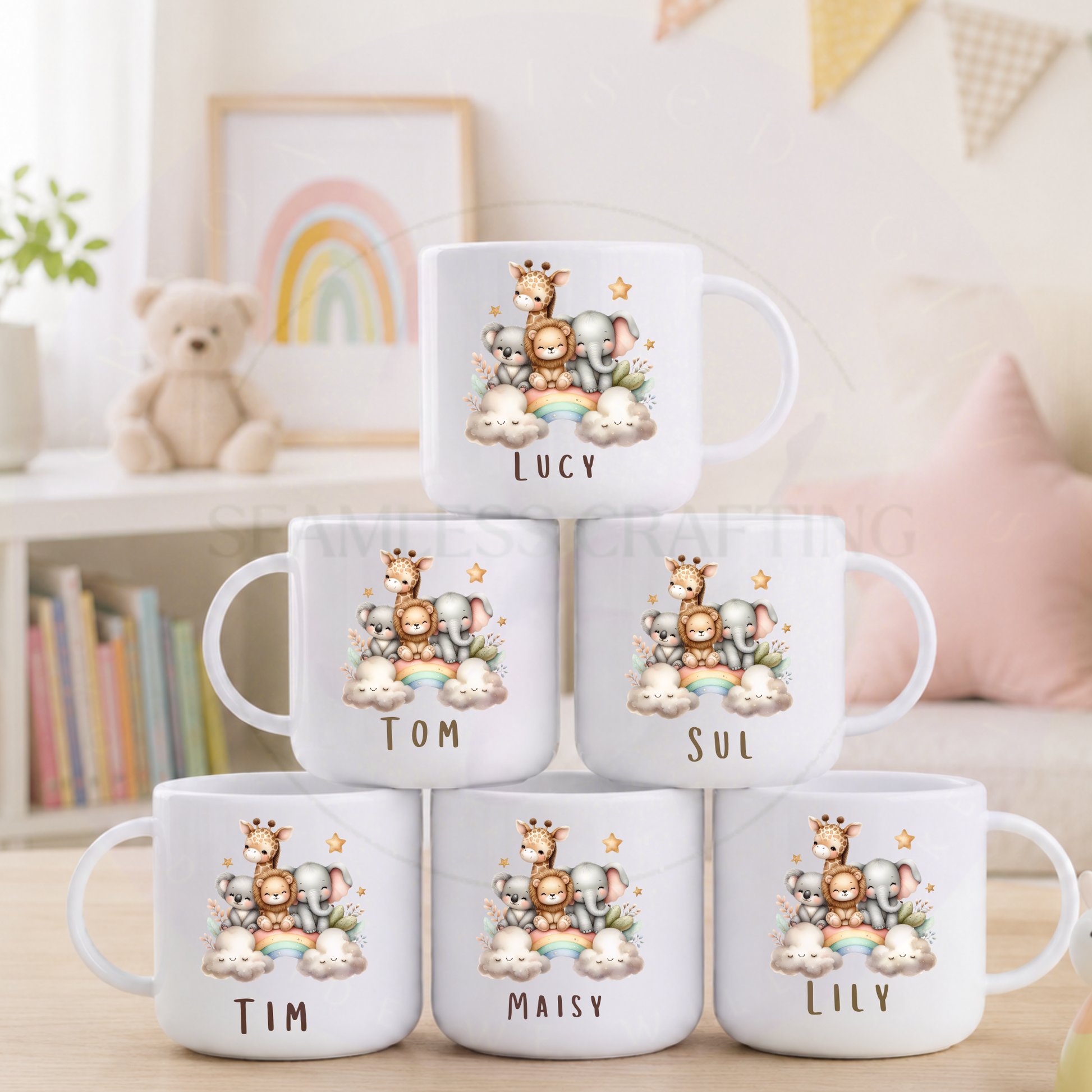 Personalised children's safari mugs displayed with different names