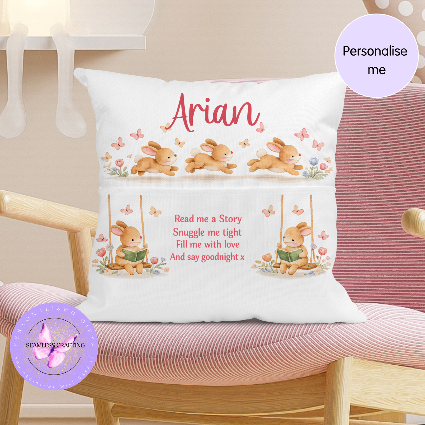Personalised Bunny Reading Cushion with Pocket – Baby Bedtime Story Pillow – Custom Name Nursery Gift – Bunny Book Cushion