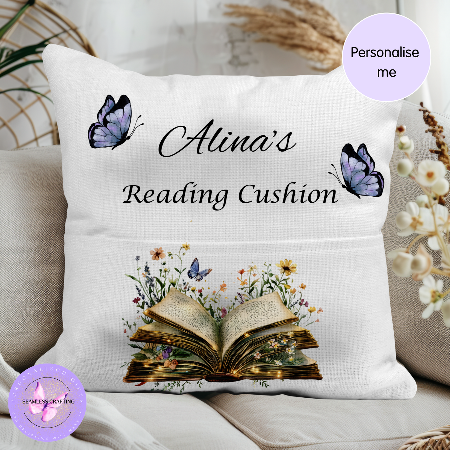 Personalised Butterfly Reading Cushion with Pocket – Book Lover Gift, Linen Canvas Cushion for Readers, Custom Name Book & Butterfly Decor