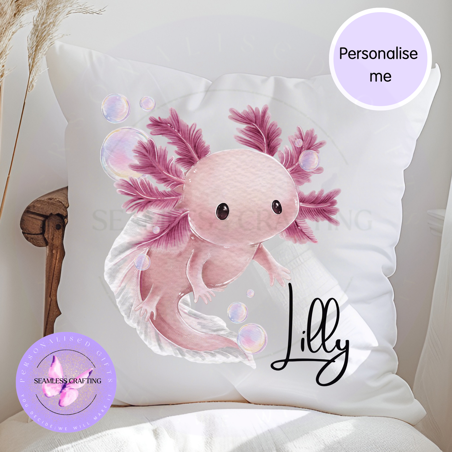 Product benefits image for personalised axolotl cushion showing custom name, fast dispatch and soft printed finish