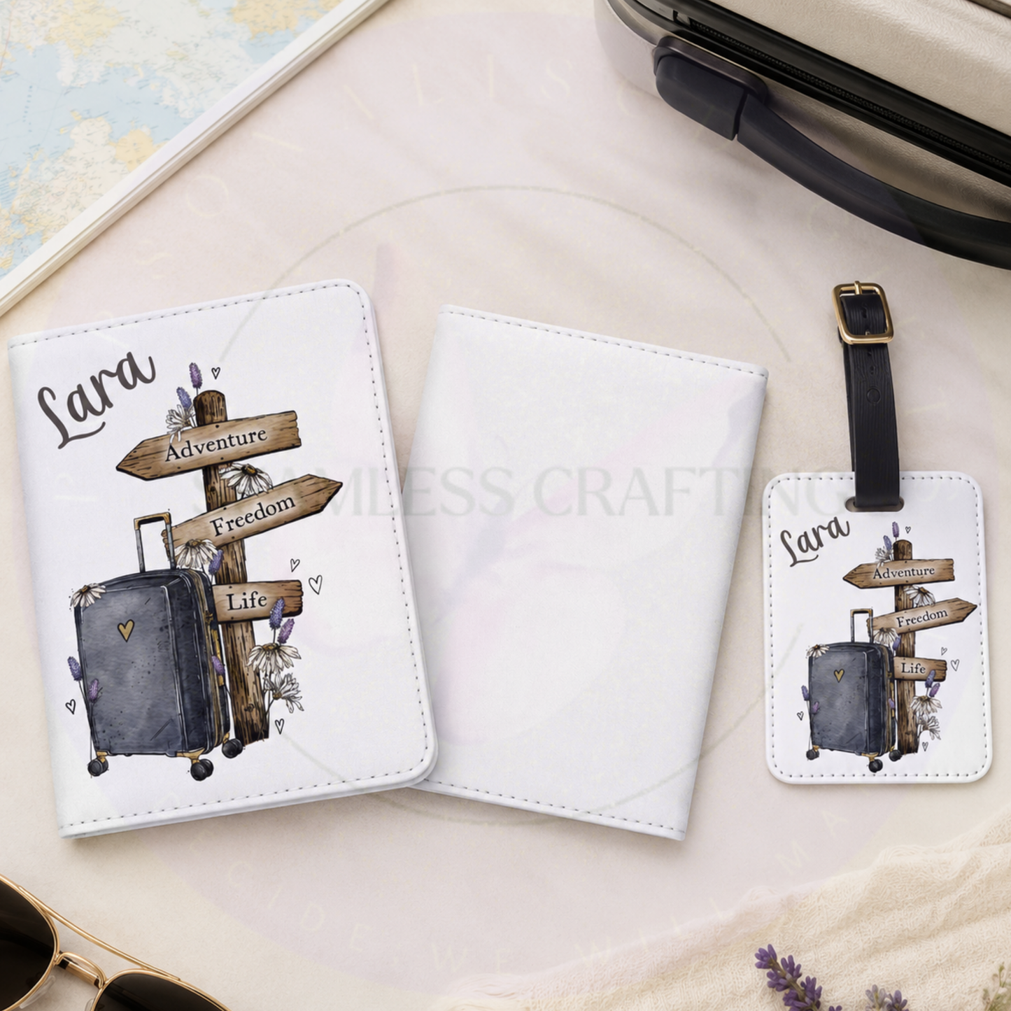 Flat lay of personalised passport holder and luggage tag set with map, sunglasses and travel accessories