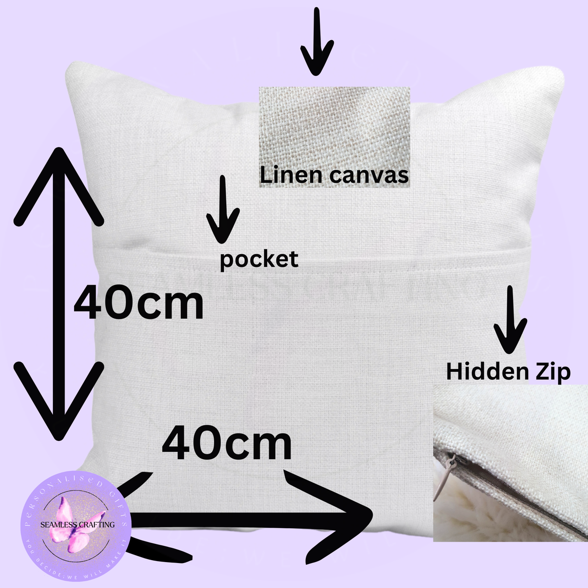 40cm linen canvas personalised reading cushion with pocket and hidden zip