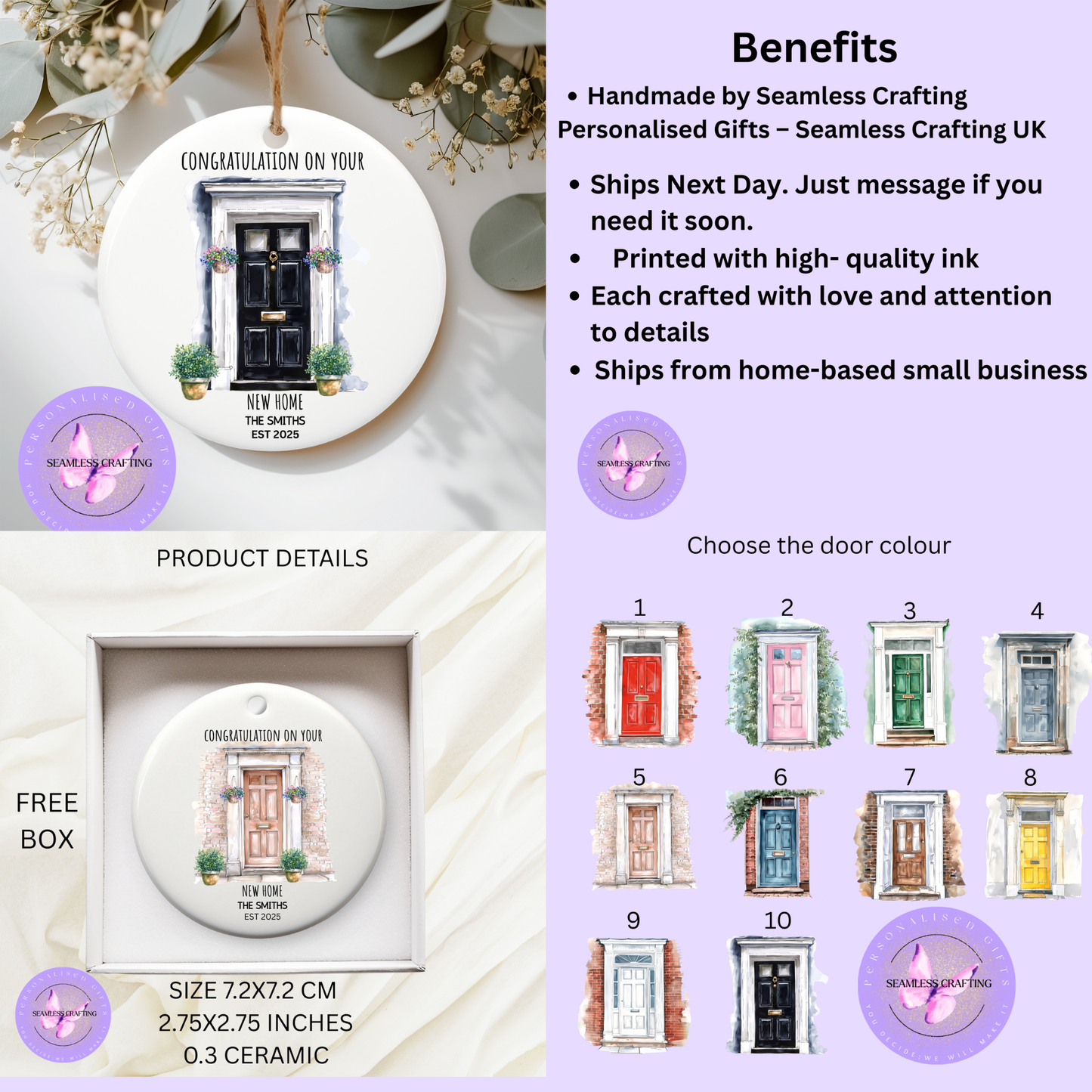 Personalised New Home Ornament – Custom House Door Keepsake Gift | New Home Bauble | Housewarming Gift | Add Family Name & Date | 7.2cm Ceramic