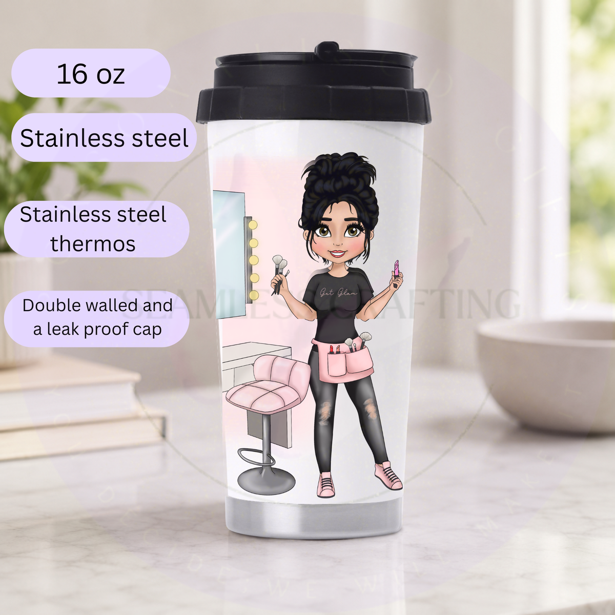 16 oz stainless steel thermos with custom make up character design