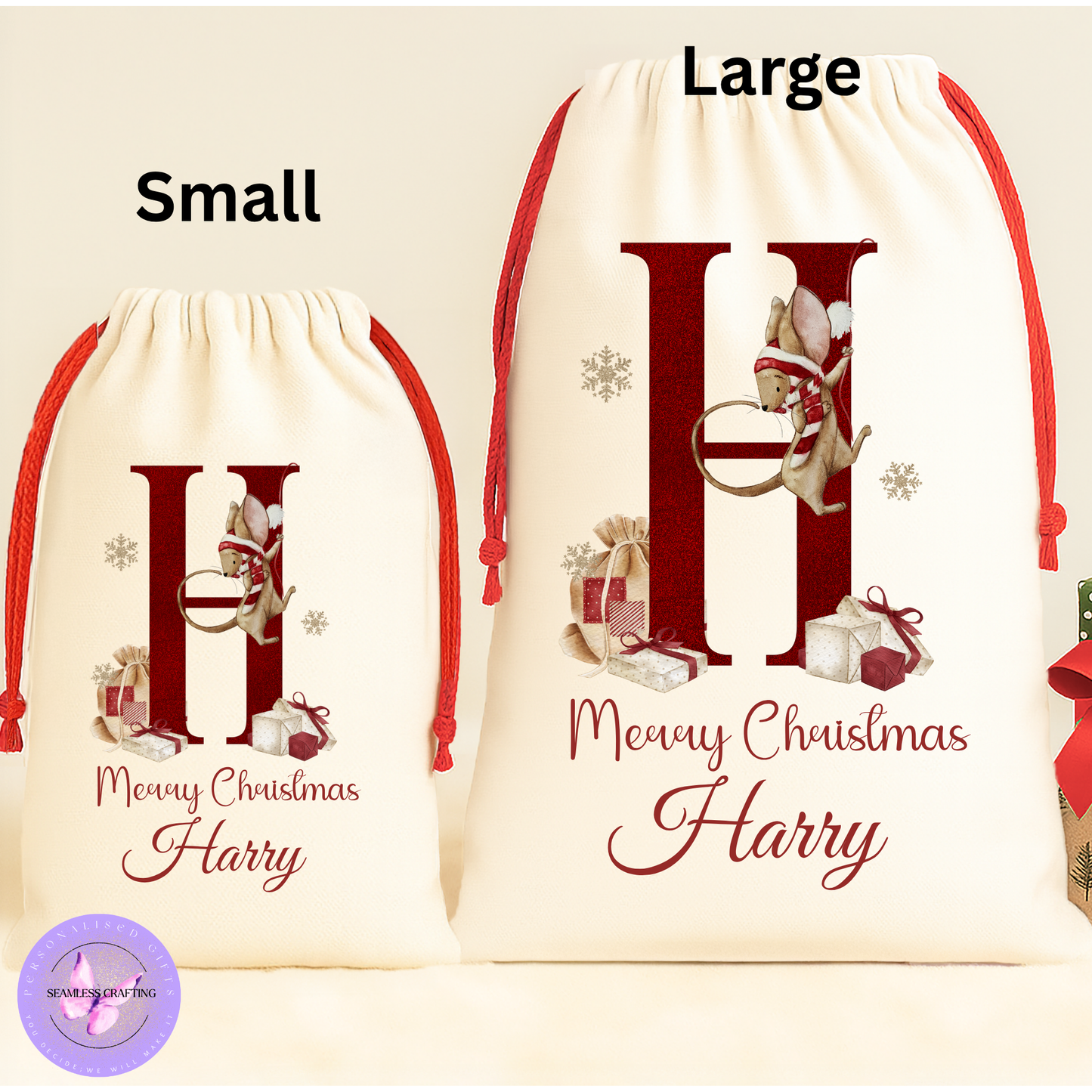 Personalised Christmas Sack & Enamel Mug Set | Custom Name Santa Gift Bag | Initial Mouse Design | Kids Xmas Eve Bag | 2 Sizes | 4 Colours