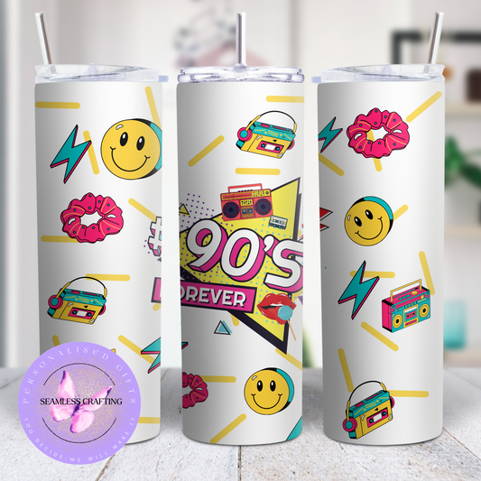 90s retro tumbler 20oz colourful nostalgia design cassette smiley face travel cup