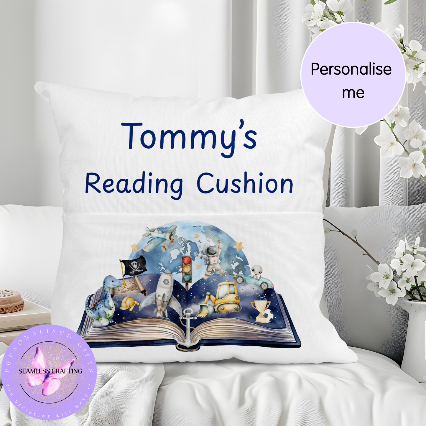 Personalised Children’s Reading Cushion with Pocket – Adventure Book Design Pillow Gift for Kids, Boys Bedroom Decor, Custom Name Cushion