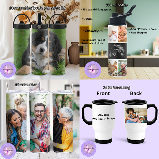 Personalised Water Bottles, Travel Mugs & Tumblers – Add Any Image, Logo or Text – Custom Photo Drinkware – 400ml, 750ml, 14oz & 20oz – Gift for Him, Her, Kids & Pets