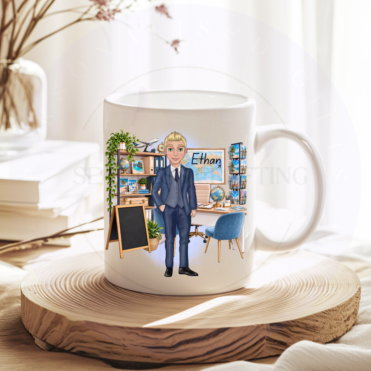 Personalised white ceramic travel agent mug with blonde male character in navy suit and name Ethan