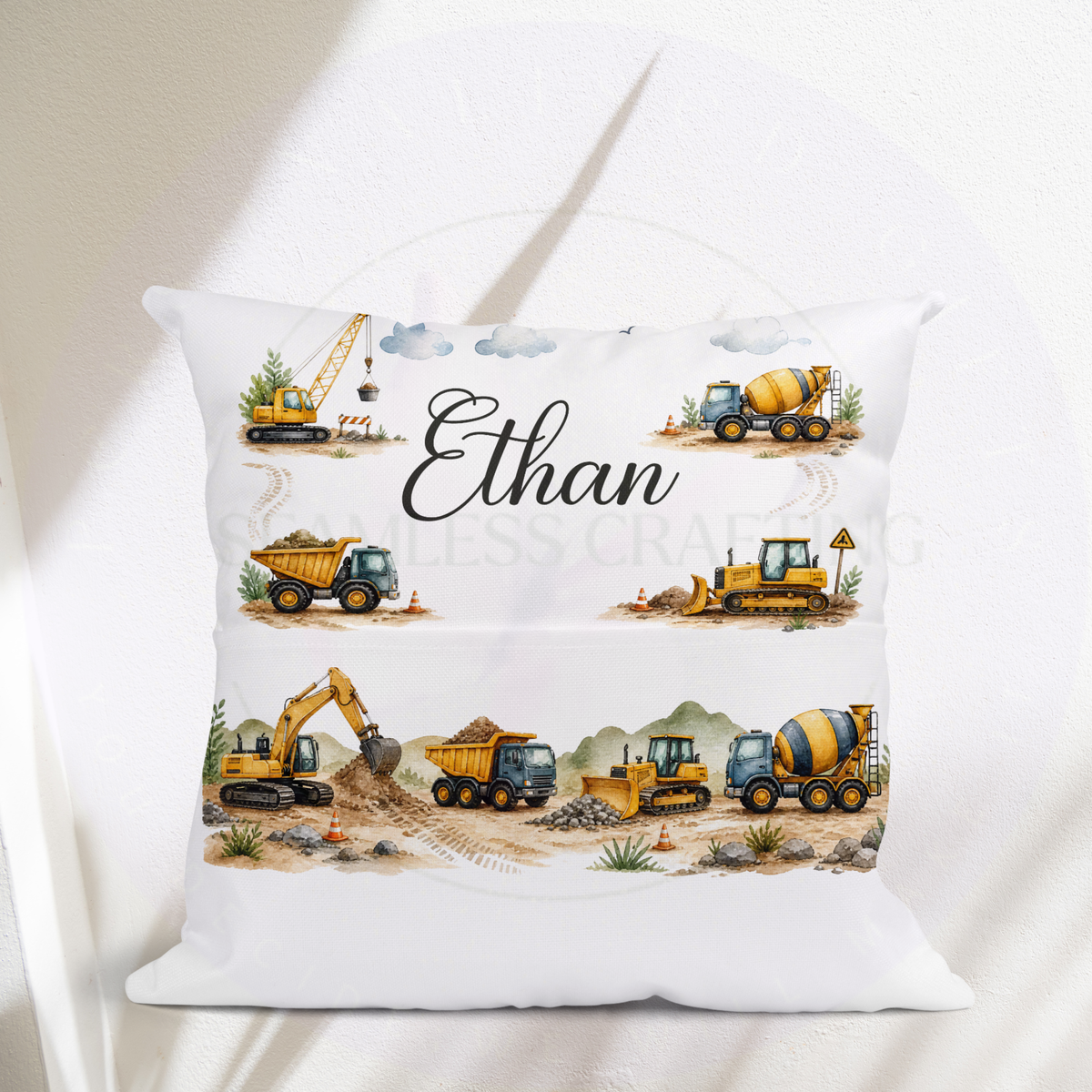 Kids digger reading cushion with name and watercolour construction vehicles