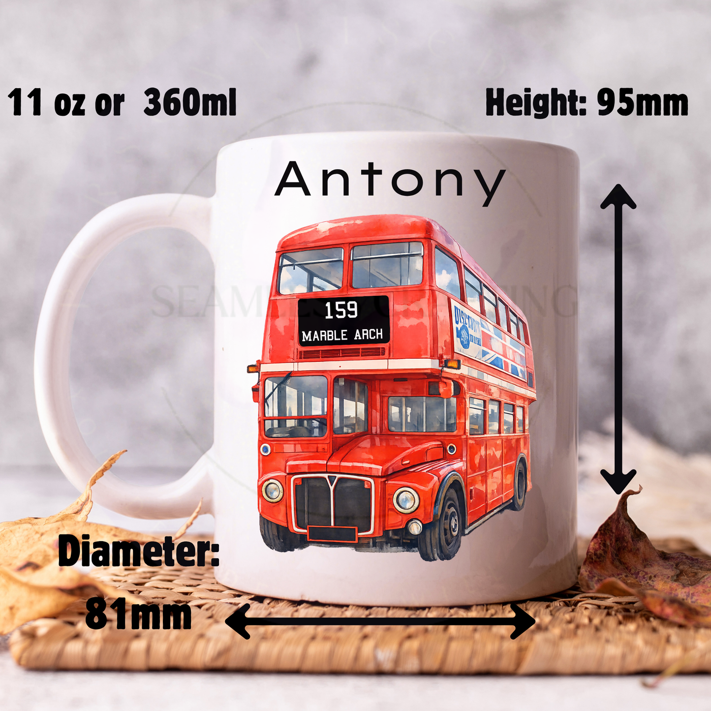 Personalised Red London Bus Mug – Custom Name Gift – Travel Mug, Frosted Glass, Ceramic Cup – Unique Gift for Him, Dad, Driver