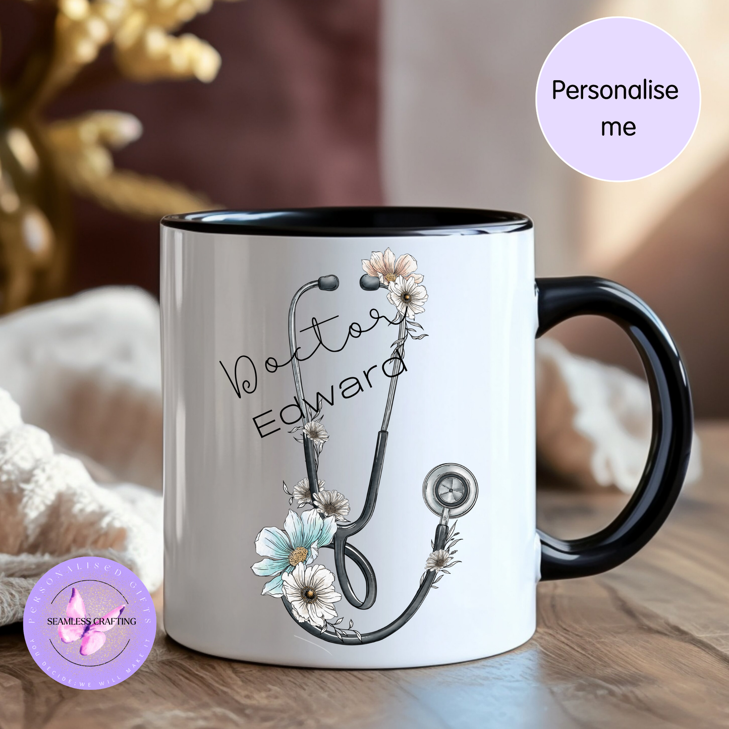 Personalised Nurse Mug with Name | Custom Stethoscope Floral Cup | Nurse Gift UK | Midwife Doctor Appreciation Mug 11oz