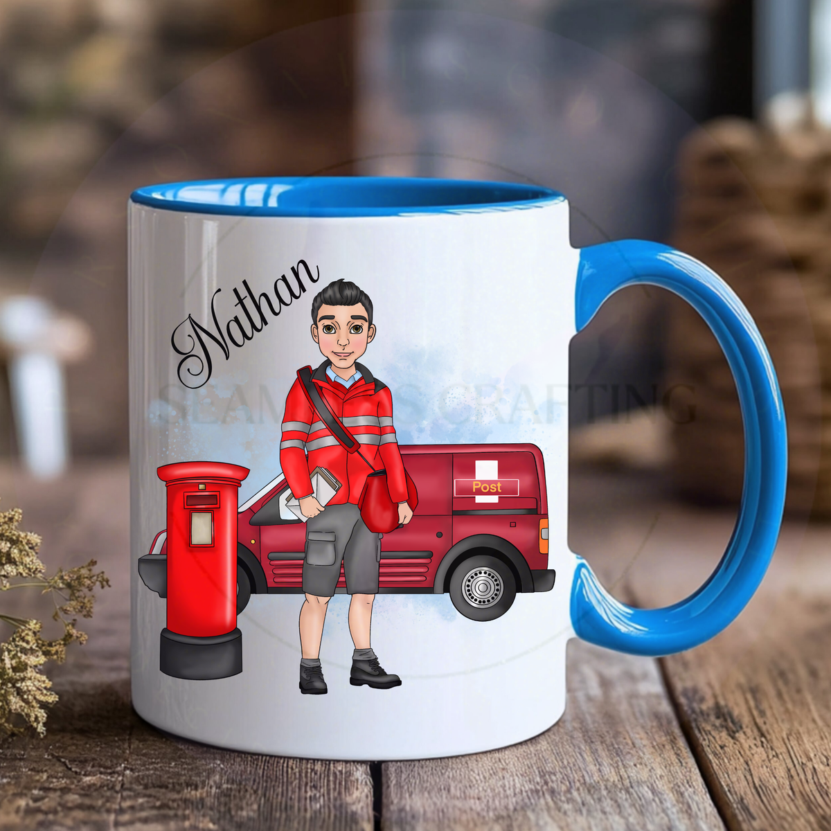 Personalised postman mug with custom Nathan character and blue handle