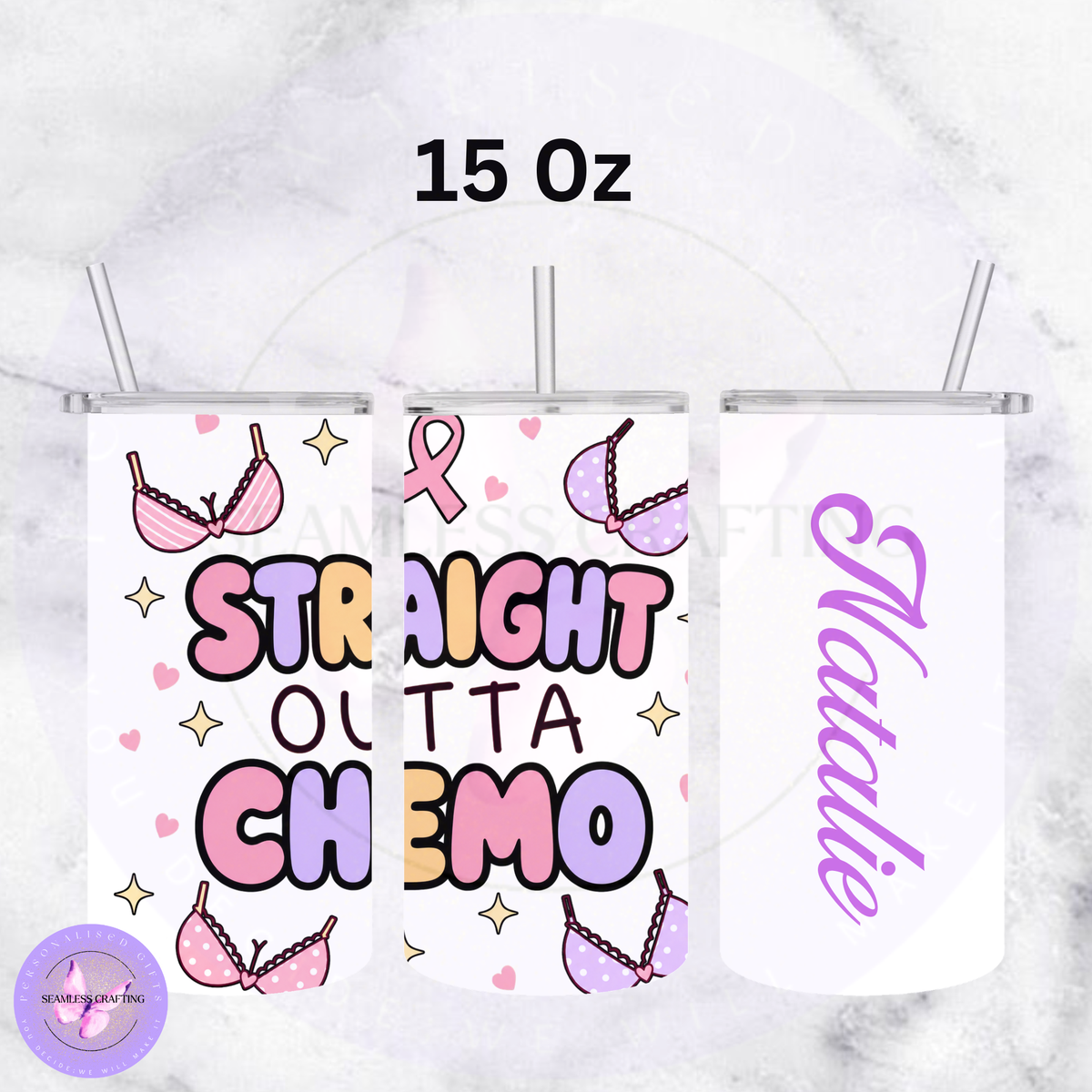Personalised 15 oz Straight Outta Chemo tumbler with reusable metal straw